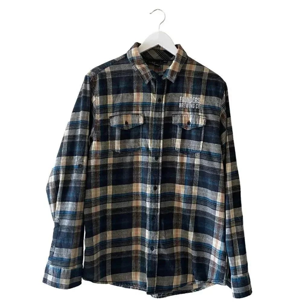 Burnside Embroidery “Founders Brewing Co” Plaid Long Sleeves Flannel Shirt SZ L